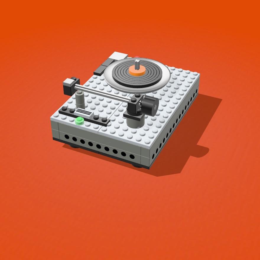 Capa do disco: o toca-discos em LEGO sobre fundo laranja