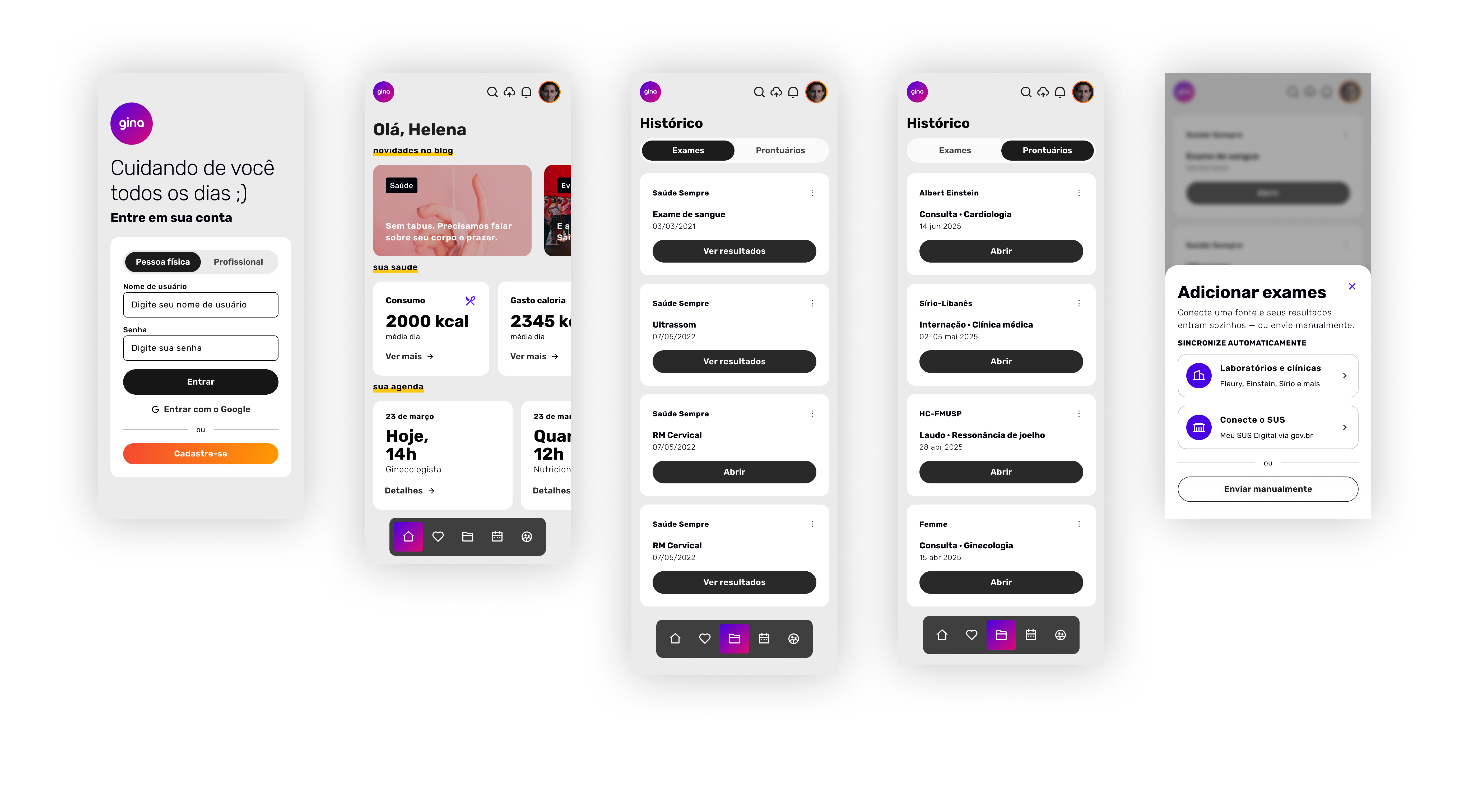 A Gina no celular: login, home e histórico de exames